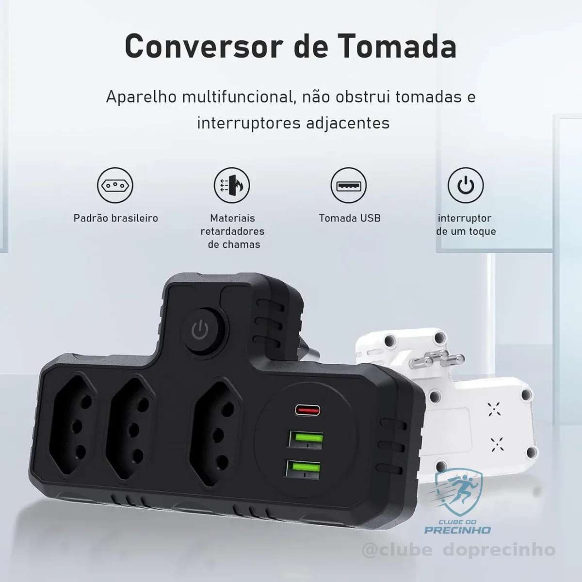 🔥 PARCELADO! Extensão Tomada, Régua Tomada, Régua de Energia, Adaptador Tomada, 3 Tomadas, 2 Interfaces USB, 1 Porta USB Tipo-C (Branco)