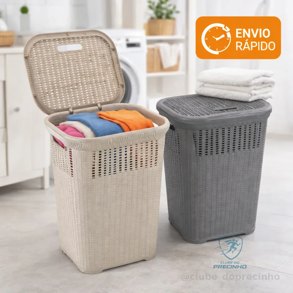 Cesto de Roupa Rattan 50L com Tampa Basculada Grande Lavanderia Premium Shopee