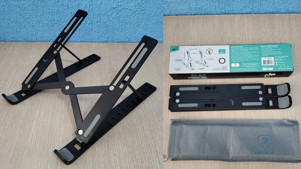 Suporte de Mesa Portátil para Notebook/Laptop de 10" a 17,3", 10 Níveis de Regulagem, Dobrável, Inclui Bolsa de Transporte, Preto, NTB8520B, ELG
