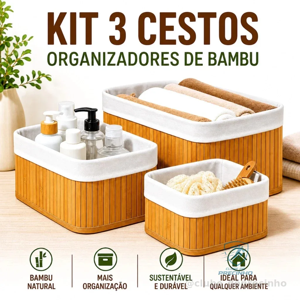 Kit 3 Cestos Organizadores de Bambu Multiuso com Forro Shopee