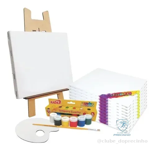 Kit 5 Telas P/ Pintura 30x40 + Cavalete + 06 Tintas + Pincel