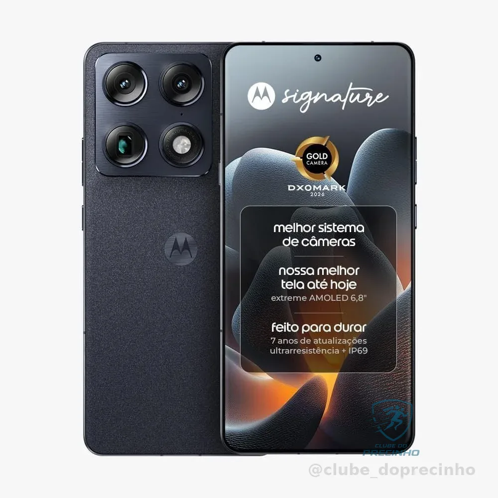 Smartphone Motorola Signature 5G - 512GB 24GB (12GB RAM + 12GB RAM Boost), 3 cameras 50MP Sony Lytia e Zoom 100x, Tela 1.5K extreme Amoled 165hz - Preto