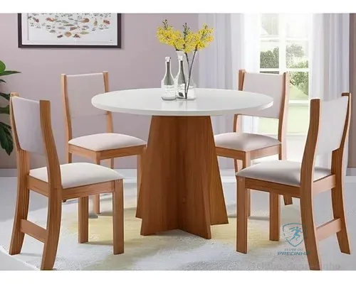 Conjunto De Mesa Vieiro Slin Redonda Com 4 Cadeiras Tampa Linho Pés Amendoa