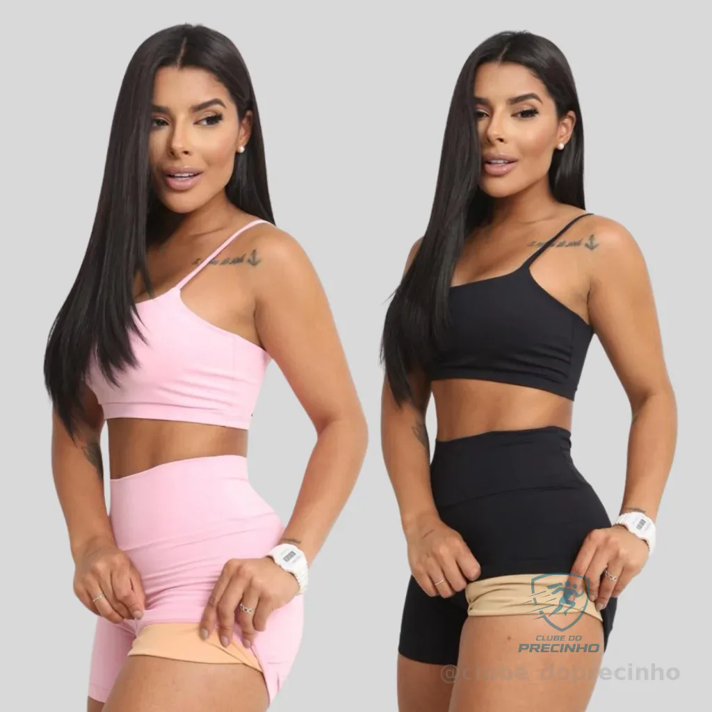 Conjunto Academia Short e Top Duplo Poliamida Corrida Roupa de Treino Feminina Zero Transparência Shopee