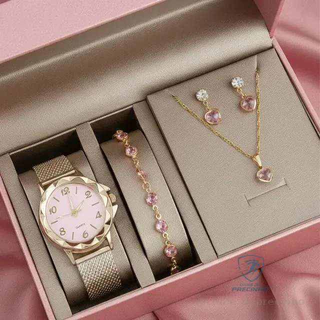Relógio Feminino + Colar, Pulseira e Brincos Folheados a Ouro Mercado Livre