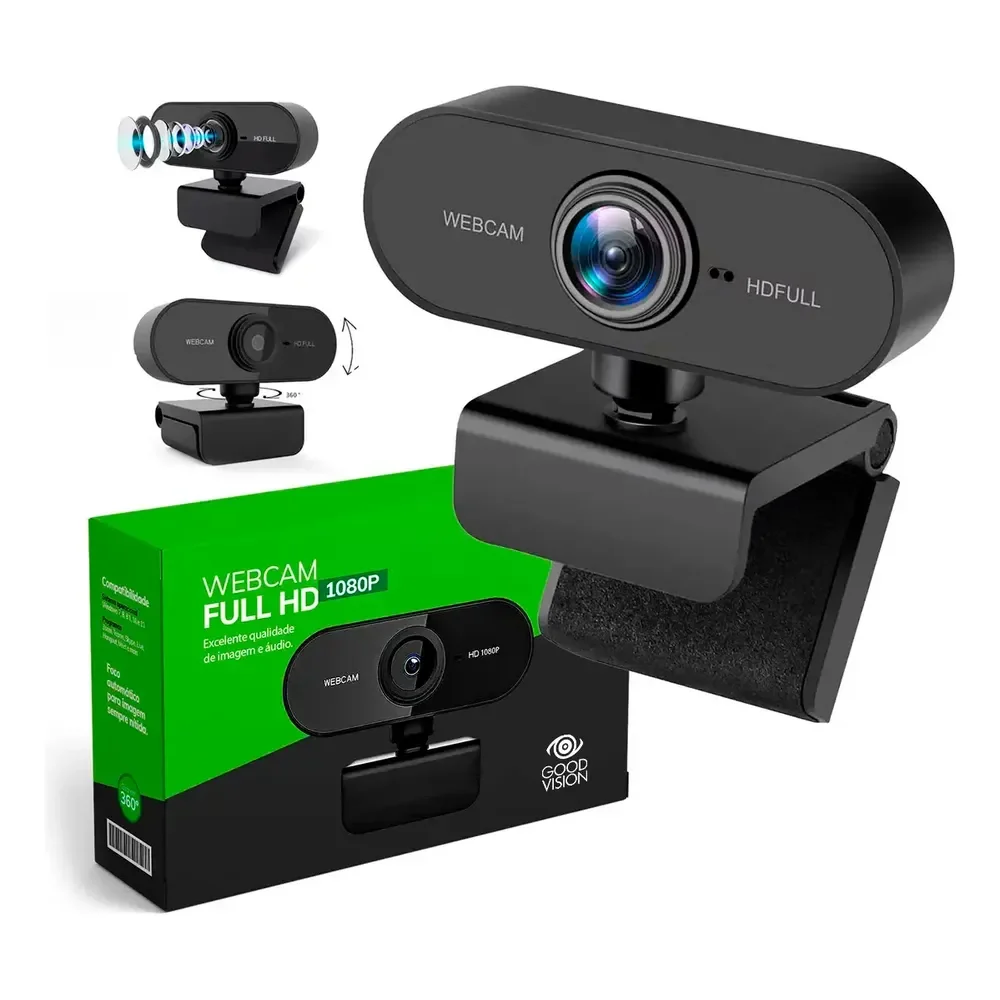 Webcam Camera Full Hd Zoom 1080p 360 Graus Videoconferencia Streamcam Web Cam Entrada Usb 2.0 Com Microfone- Goodvision Preto
