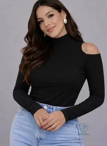 Blusa Feminina Manga Longa Gola Alta Ombro De Fora Vazado