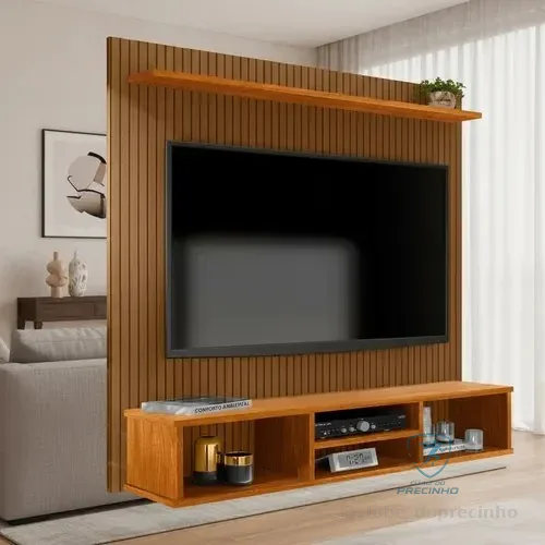 Home Painel Simples Tv 50 Pol Sala Suspenso Com Nicho E Prateleira Ripado Canela Clique Moveis