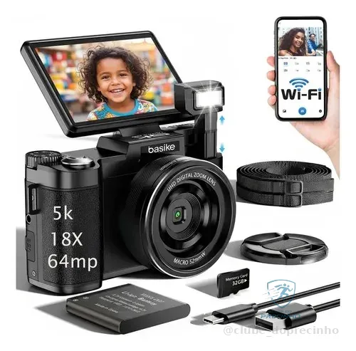 Câmera Fotografica Digital 5k 64mp 18x Câmera De Beleza Inteligente Ai Com Flash Retrátil Desliga A Luz, Cartão Sd De... Preto