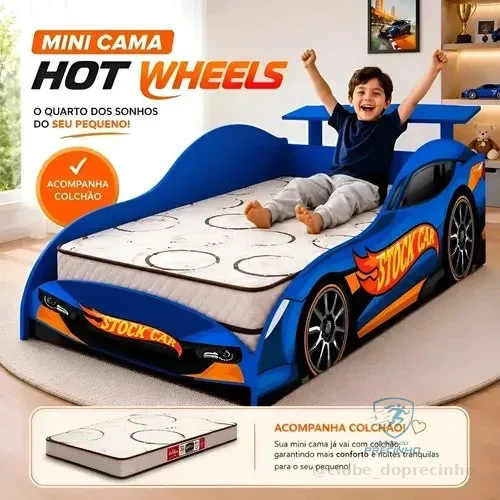 Cama Juvenil Carros Infantil Para Crianças Com Colchão Bela Azul Hot Wheels