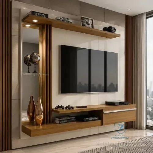 Painel Rack Sala Bechara Denver Para Tvs 55 Polegadas Com Espelho E Led Elétrico Design Moderno Elegante Cor Cinamomo Off White Off White/cinamomo