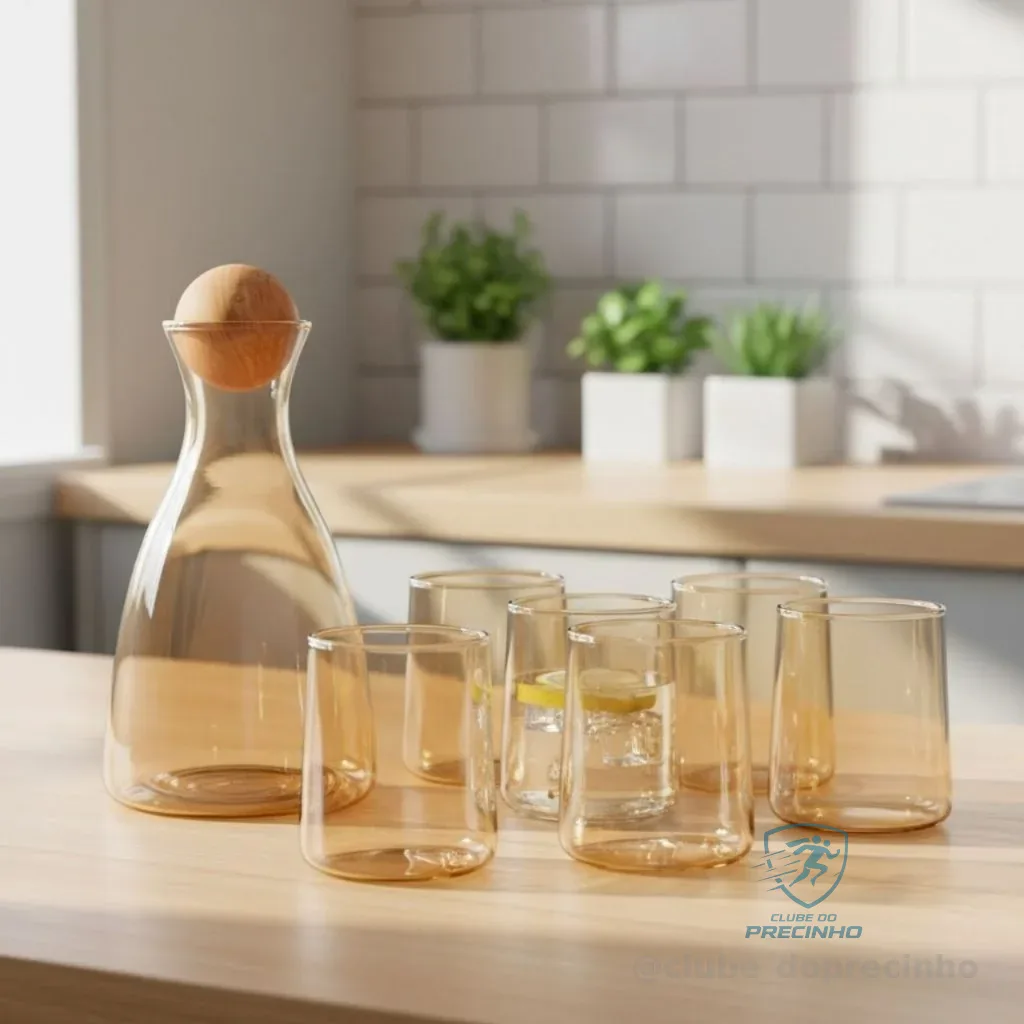 Jarra de Agua e Suco Vidro com Tampa de Bambu 1,7 Litros Kit 6 Copos de Vidro 280ml Luxo Mesa Posta Shopee