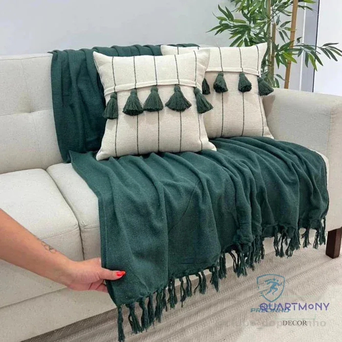 Kit Capa Almofada Pompom Listra Verde Musgo (2 Capas + 1 Manta) Artesanal Decorativa Rustica Shopee