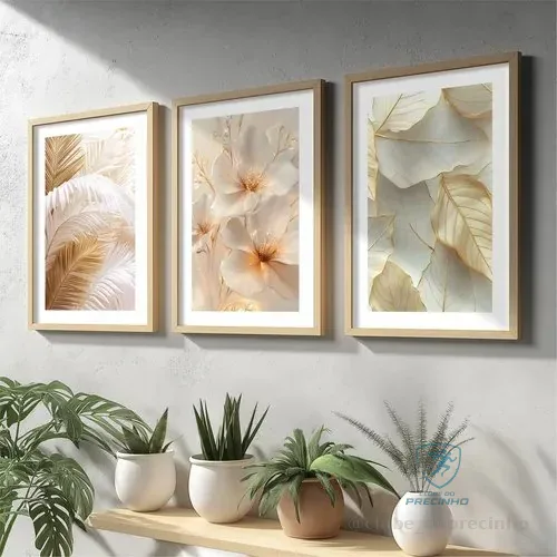 Kit 3 Quadros Decorativos Folhagem Gold Quarto Sala Cozinha