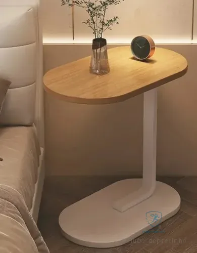 Mesa Lateral Sofá Cama Portátil Madeira Aço Apoio Canto Decorativa Sala Quarto Minimalista Moderna Multiuso Cor Bege Revolux