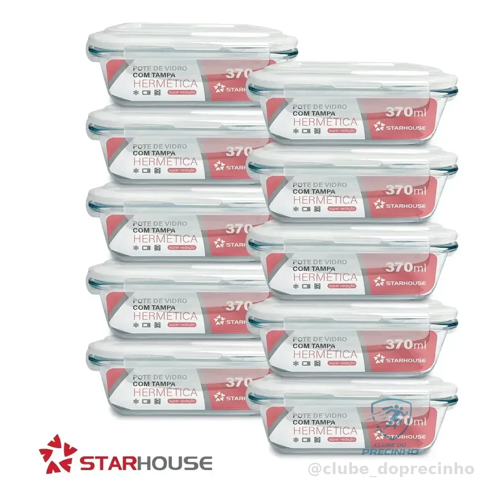 Kit 10 Potes Vidro 370ml Hermético Marmita Forno Refratário Star House