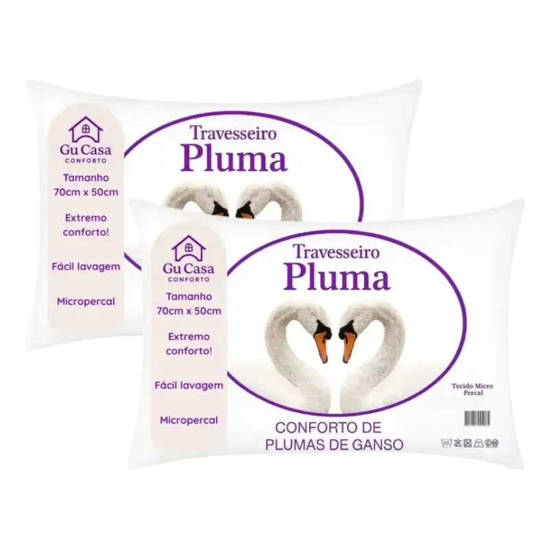 Kit 2 Travesseiros Plumas 70x50cm Tradicional Antiácaros Branco