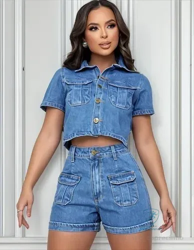 Conjunto Jeans Feminino 100% Algodão Short Cropped Bolsos Jeans 46