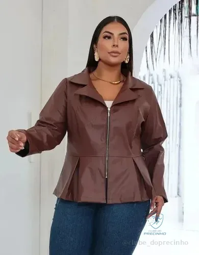 Jaqueta Feminina Plus Size Courinho Manga Longa Inverno Marrom G2 Lisa