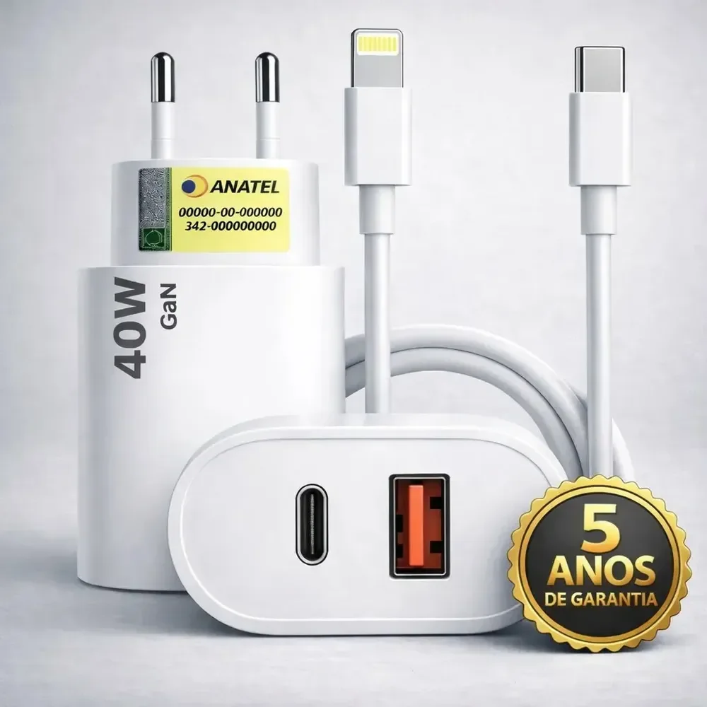 Carregador Turbo Duplo 40w Usb Tipo C Para iPhone 8 X Xr 11 12 13 14 Pro Max Dtimp Branco