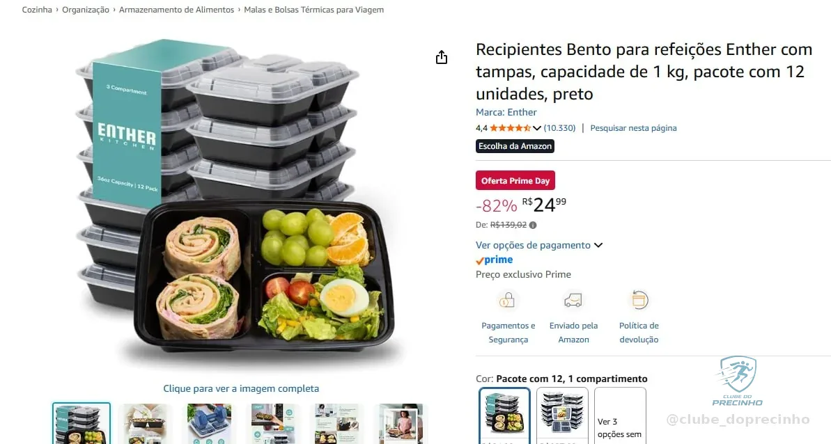Recipientes Bento para refeições Enther com tampas, capacidade de 1 kg, pacote com 12 unidades, preto