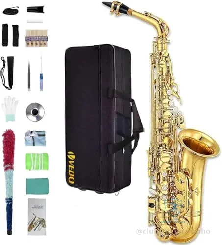 VEDO Saxofone Alto em Mib (Eb), Acabamento em Laca Dourada, Saxofone Para Iniciantes, Estudantes, Profissional Orquestra, Saxofone Alto, Estojo e Kit De Limpeza, Completo de AcessóRios