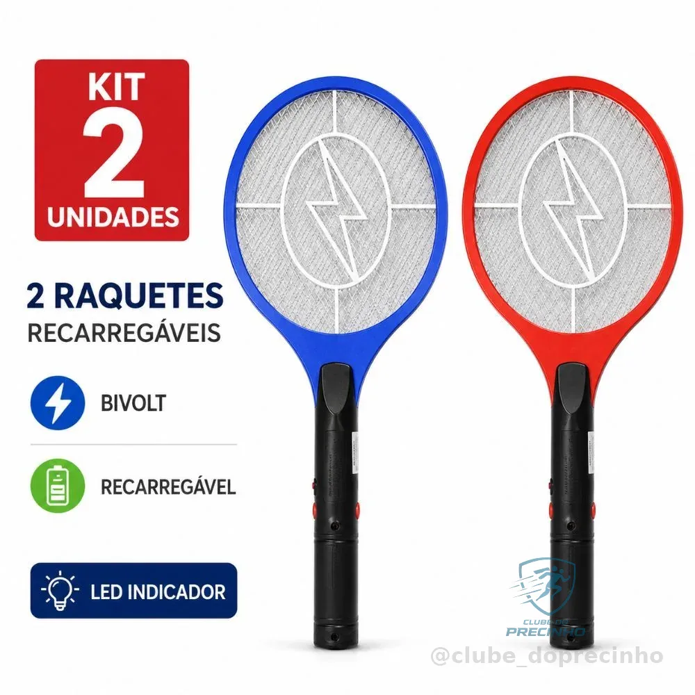 Kit 2 Raquete Elétrica Mata Mosquito Pernilongo Mosca Recarregável Bivolt Shopee