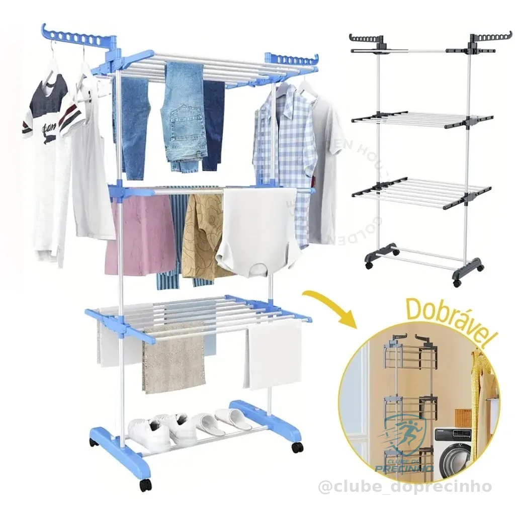 Varal De Chão Torre 3 Andares Retrátil Compacto, Dobrável e com Rodinhas Shopee
