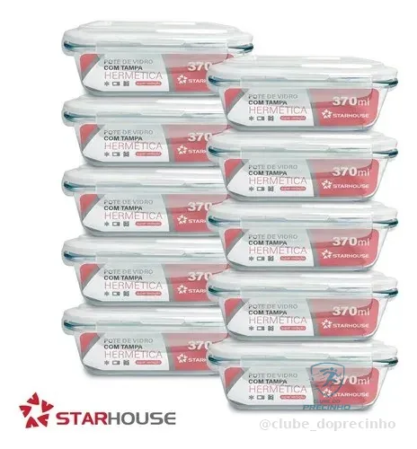 Kit 10 Potes Vidro 370ml Hermético Marmita Forno Refratário Star House Transparente