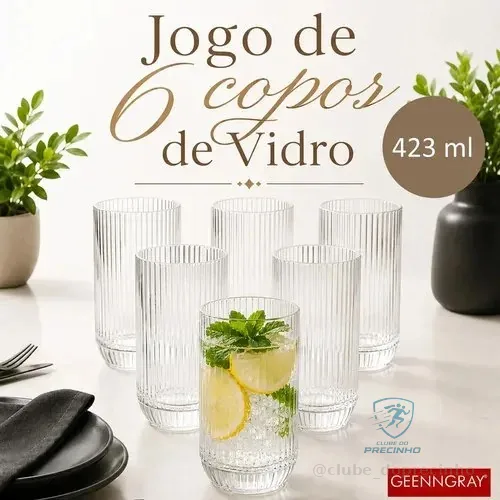 Jogo 6 Copos De Vidro Canelado 423ml Cameratta Água Suco Refrigerante Gourmet Premium Luxo Elegante Drink Café Whisky... Transparente