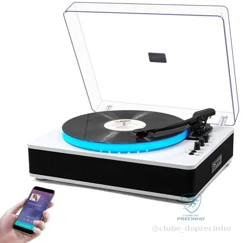 VEDO Toca-Discos Bluetooth, Luzes LED Controláveis ​​7 Cor, Bt 5.0, Toca-Discos De 3 Velocidades (33/45/78 RPM), Com 3D Alto-Falantes Estéreo Integrados, Madeira Design de Moda, Escolha Amantes Música