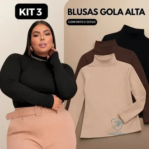 Kit 3 Blusas Feminina Cacharrel Plus Size Manga Longa Preto, Marrom E Nude Gg/exg (44/48)