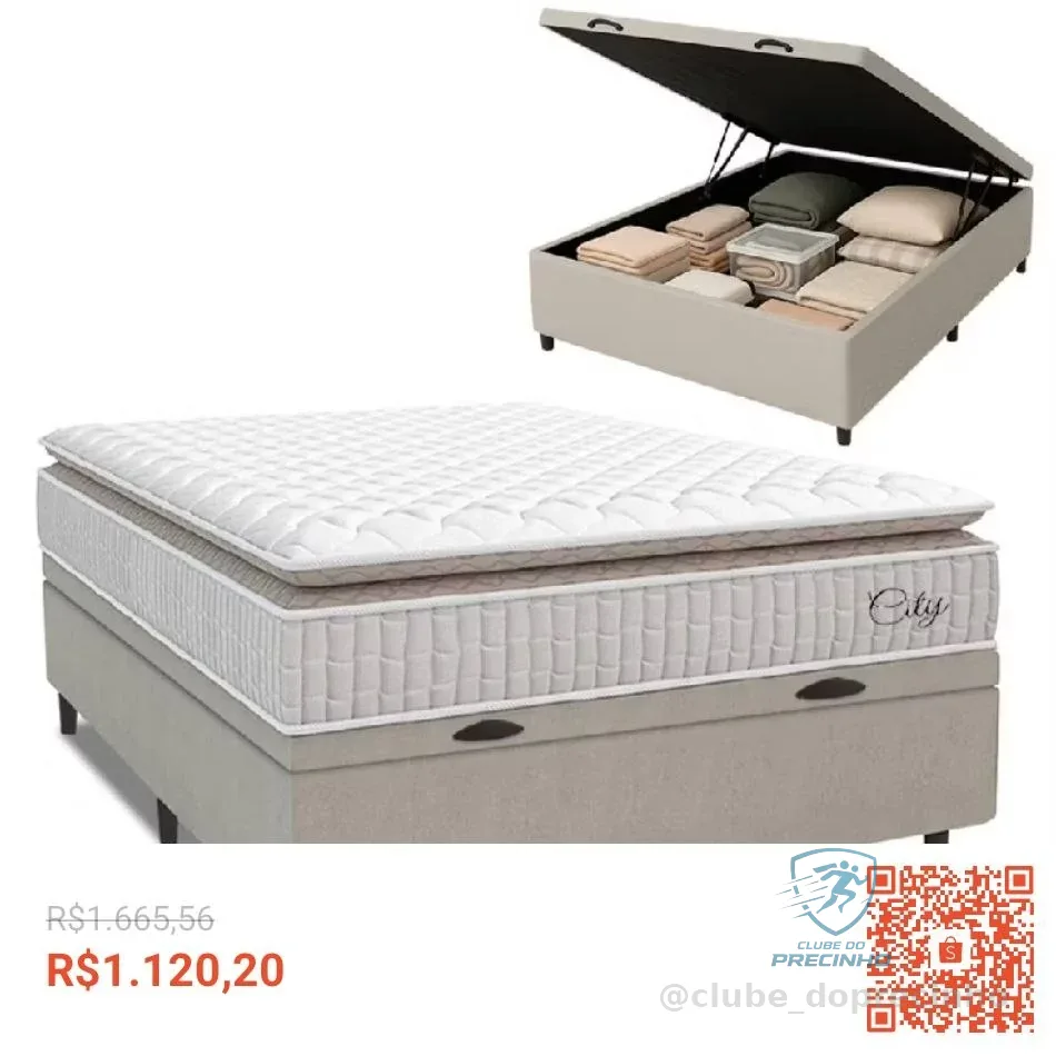 Cama Box Baú Colchão Casal Molas Ensacadas City Pillow Top 138x188x64cm Branco / Bege Hellen