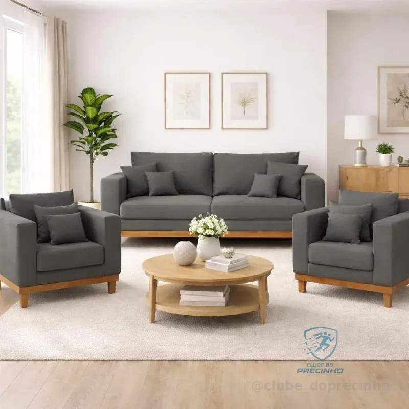 Kit 2 Poltronas Living + Sofá 2 Lugares com Base Madeira Suede