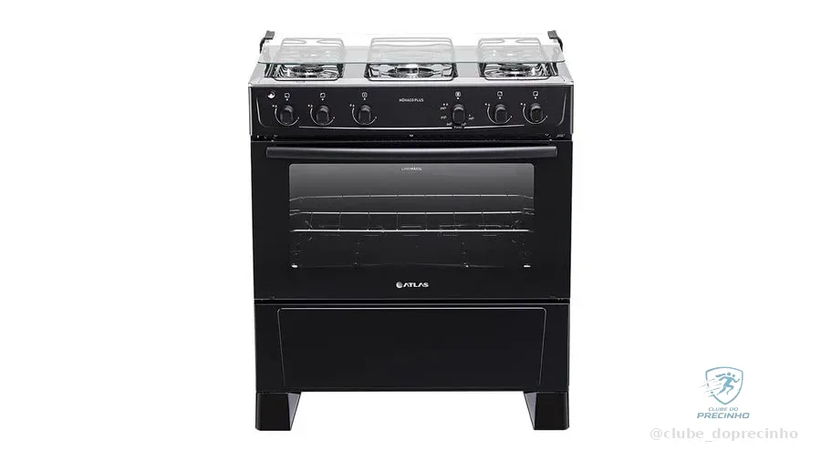 Fogão 5 Bocas Atlas Mônaco Plus com Mesa Inox e Acendimento Automático Preto Bivolt
