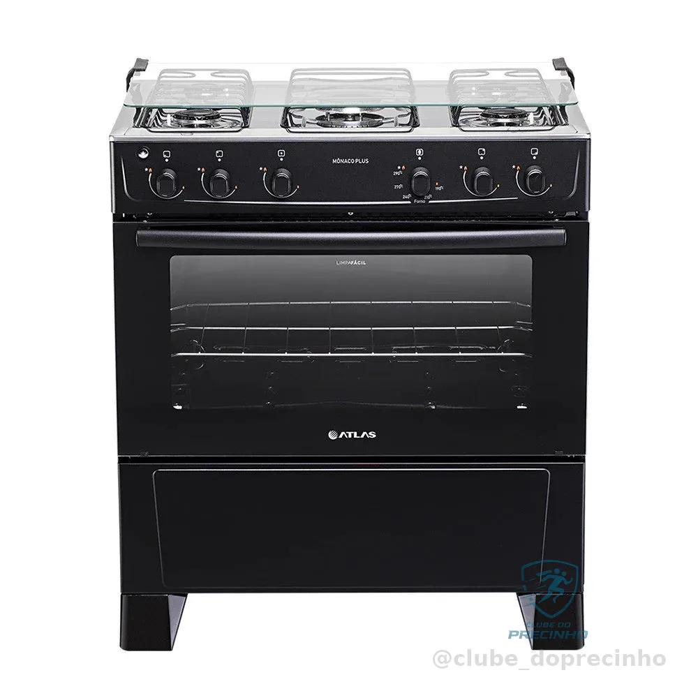 Fogão 5 Bocas Atlas Mônaco Plus com Mesa Inox e Acendimento Automático Preto Bivolt