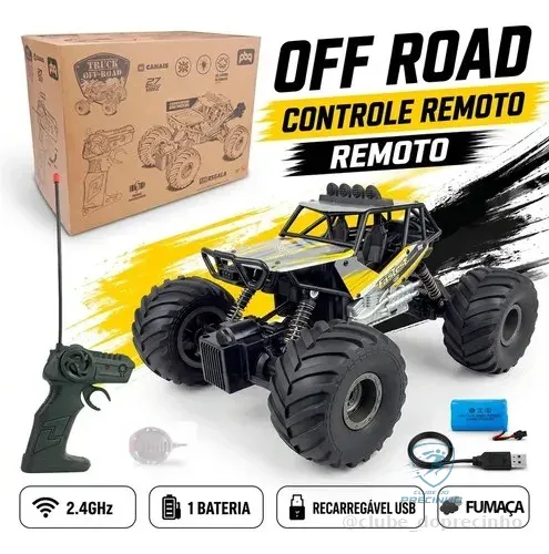 Carrinho Controle Remoto Off Road Escala 1:14 Recarregável Usb Led Traseiro Fumaça Real Amarelo Pneus Borracha Tração... Preto Rápido Recarregavel