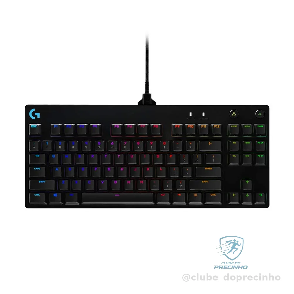 Teclado Mecânico Gamer Logitech G PRO com Layout US, RGB LIGHTSYNC, Design TKL, Cabo Destacável e Switch Exclusivo GX Blue Clicky