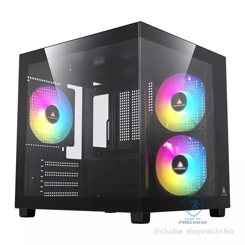 Gabinete Gamer Aquário Acegeek Ori Rainbow Mini-Tower Lateral e Vidro Com 3 Fans Preto, AG-ORI-BK-3F