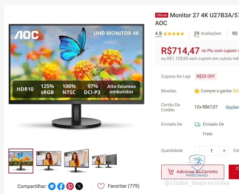 Monitor 27 4K U27B3A/57 HDR10 Alto falantes Integrados Bivolt AOC