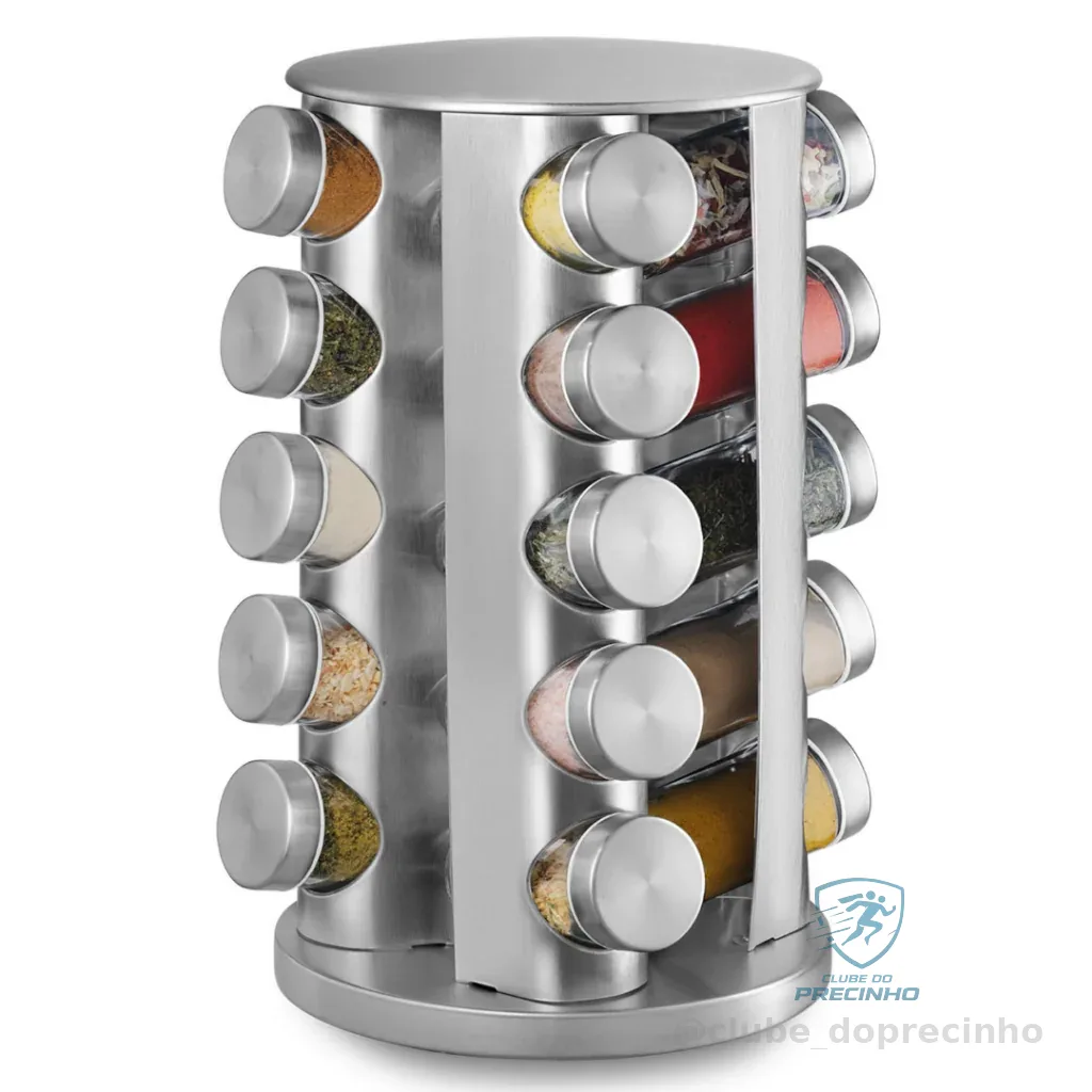Porta Tempero Giratório 20 Potes Vidro e Inox Organizador de Condimentos Cozinha 360° Shopee