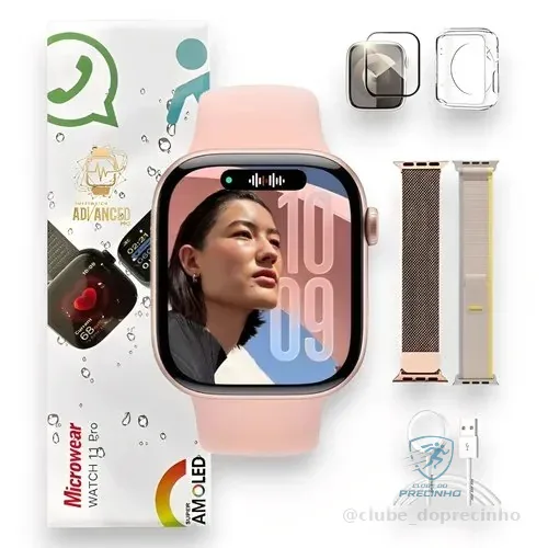 Relógio Smartwatch W11 Pro Series 11 Amoled Whatsapp Gps Nfc Rosa Dourado