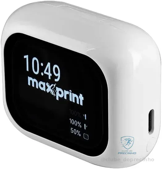 Fone de Ouvido Bluetooth TWS Branco com Cancelamento de Ruído ANC e Display Touch – Maxprint FBT3002