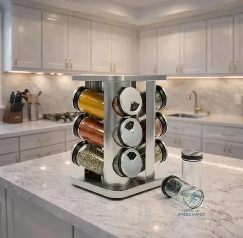 Porta Condimentos Giratório Inox 12pote De Vidro Inox