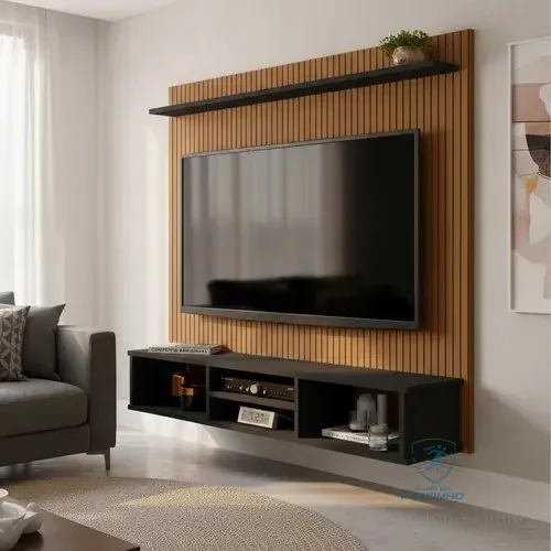 Painel Tv Ripado Preto 3d Com Nichos E Prateleira 50 Polegadas