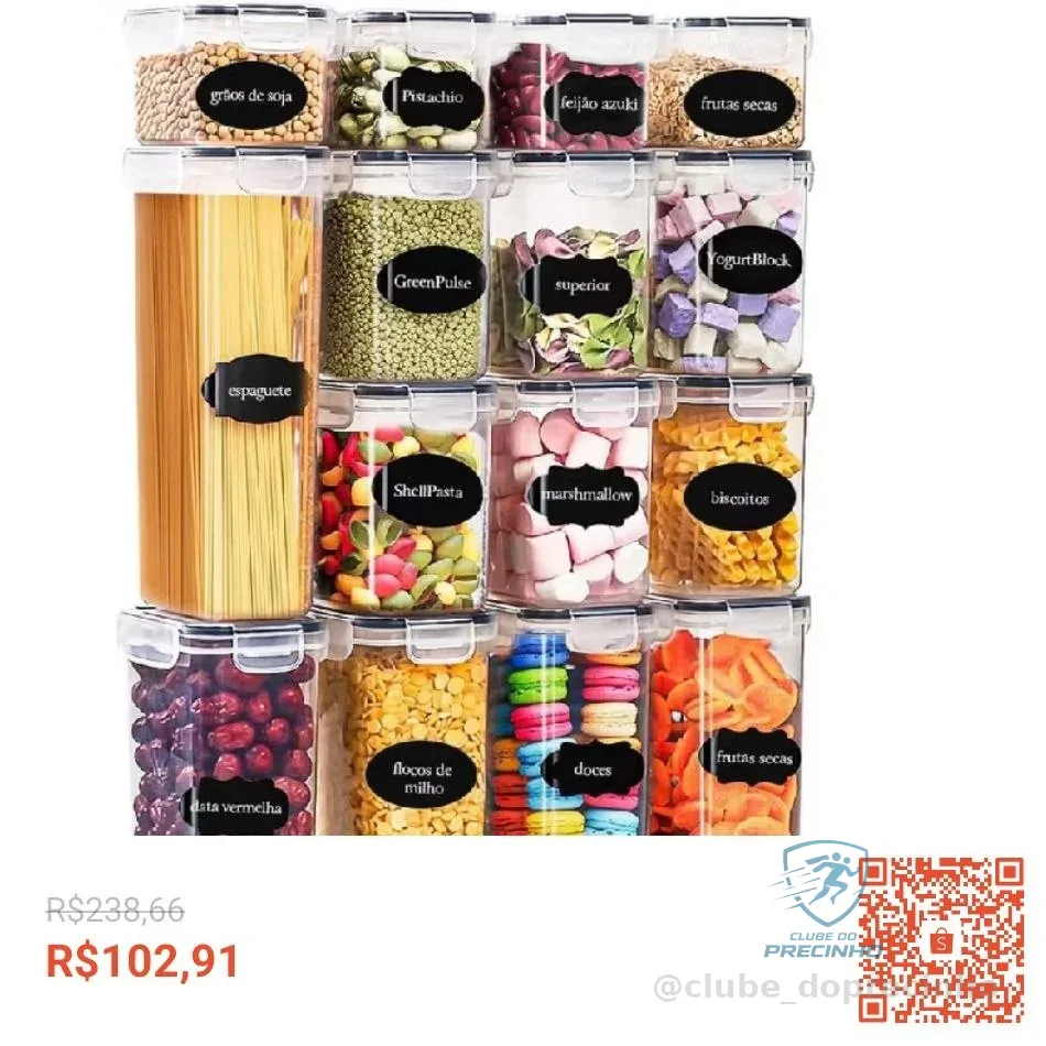 Kit 15 Potes Herméticos Mantimentos Quadrado Cozinha Tampa Trava Recipientes De Organização Luvinco
