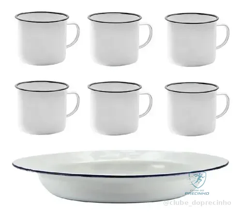 Kit 6 Pratos E 6 Canecas Esmaltados Brancos Alumínio Yazi Branco