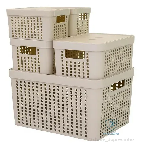 Kit 5 Caixas Organizadoras 2l 4,5l 17l Com Tampa Multiuso Cor Bege Liso