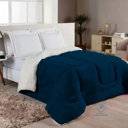 Edredom Sherpa Cobertor E Coberdrom Casal Queen Grosso Cores Azul-marinho Lisa