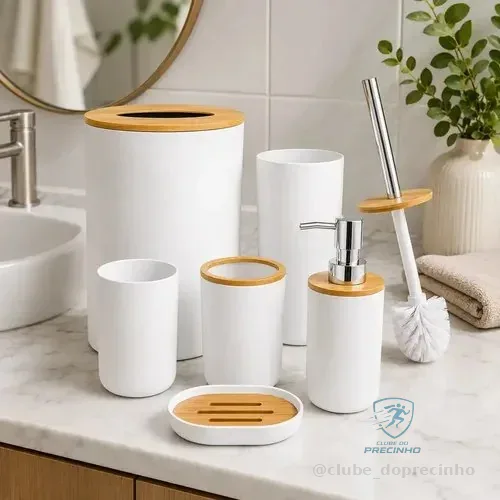 Kit Banheiro 6 Peças Clink Branco Bambu Com Lixeira E Porta Escova